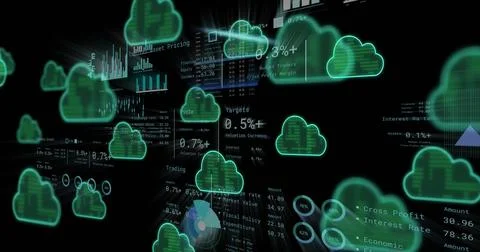 Image of digital clouds over data processing Foto stock