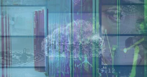 Image of digital clouds over screens with data and connections Stock Photos