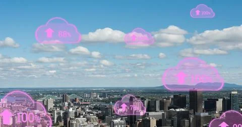 Image of digital clouds with percent going up over cityscape イラスト素材