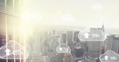 Image of digital clouds with percent going up over cityscape イラスト素材