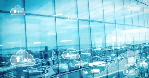 Image of digital clouds with percent going up over cityscape イラスト素材