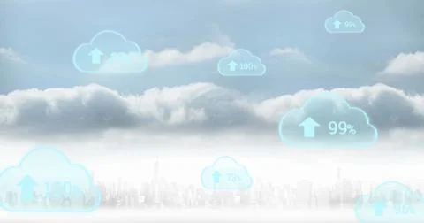 Image of digital clouds with percent going up over cityscape イラスト素材