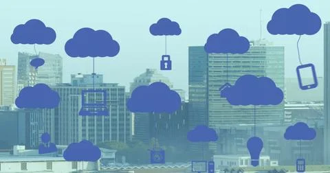 Image of digital clouds with tech icons floating over cityscape Stock Photos