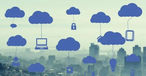 Image of digital clouds with tech icons floating over cityscape Stock Photos