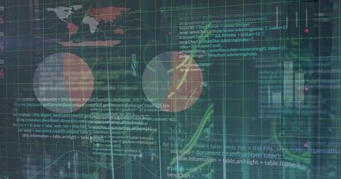 Image of digital code overlaying world map and graphs, representing global data Stock Illustration