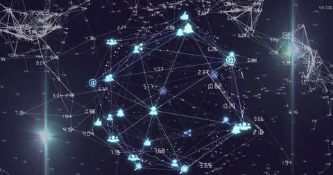 Image of digital computer icons and numbers interconnecting with lines forming Stock Illustration
