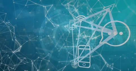 Image of digital computer icons and dots interconnecting with lines on abstract Stock Photos