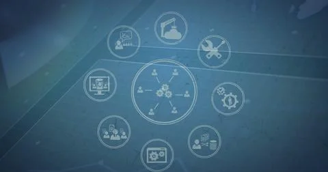 Image of digital computer icons in circles rotating over programming language Stock Illustration
