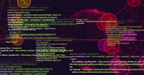 Image of digital computer icons interconnecting with lines and programming Stock Illustration