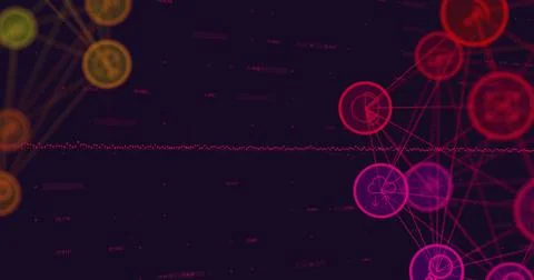 Image of digital computer icons interconnecting with lines and programming Stock Illustration