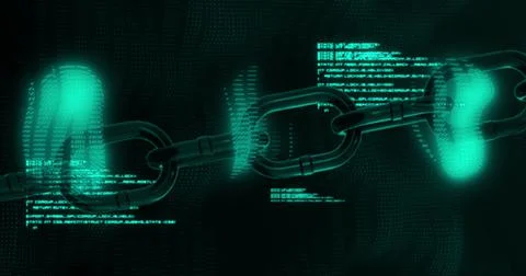 Image of digital computer interface with data processing and chain links on Illustrazione stock
