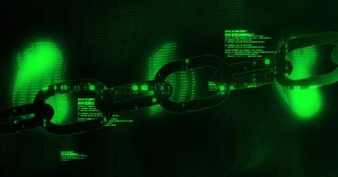 Image of digital computer interface with data processing and chain links on 스톡 일러스트