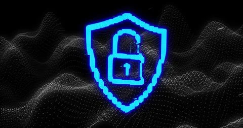 Image of digital computer interface online security blue glowing padlock icon on Stock Illustration
