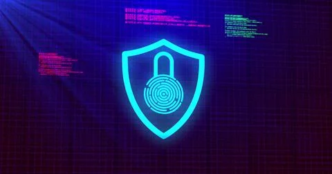 Image of digital computer interface online security blue glowing padlock icon on 库存插图