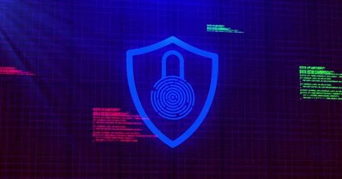 Image of digital computer interface online security blue glowing padlock icon on Stock Illustration
