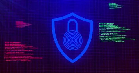 Image of digital computer interface online security blue glowing padlock icon on Stock Illustration
