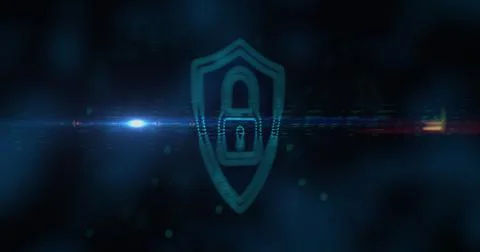 Image of digital computer interface online security blue padlock icon on glowing Illustrazione stock