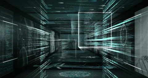 Image of digital computer language in infographic interface display screens Stock Illustration