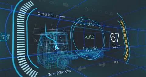 Image of digital dashboard data processing over truck icon in seamless pattern 스톡 일러스트