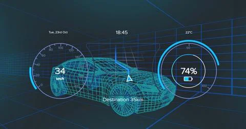 Image of digital dashboard data processing over car icon in seamless pattern Stock Illustration