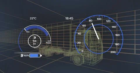 Image of digital dashboard data processing over truck icon in seamless pattern Stock Illustration