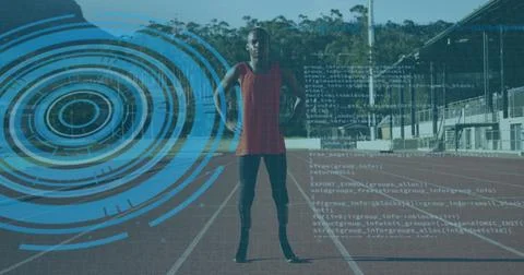 Image of digital data over african american disabled man training with running Stock Photos