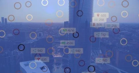 Image of digital data points overlay cityscape with tall buildings Stock Photos