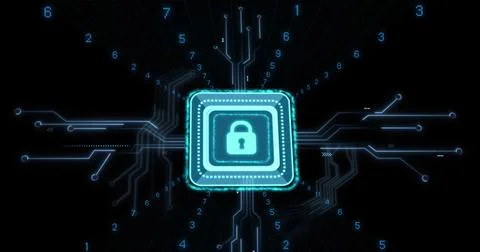 Image of digital data processing and security padlock over black background 스톡 일러스트