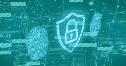 Image of digital data processing and security padlock over blue background 스톡 일러스트