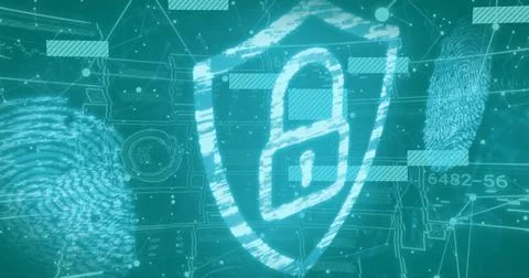 Image of digital data processing and security padlock over blue background Illustrazione stock