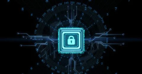 Image of digital data processing and security padlock over black background Stock Illustration
