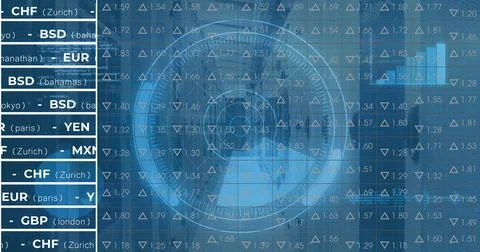 Image of digital data processing and digital interface and grid over blue Stock Illustration