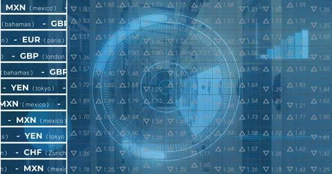 Image of digital data processing and digital interface and grid over blue Stock Illustration