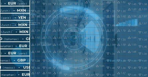 Image of digital data processing and digital interface and grid over blue Stock Illustration