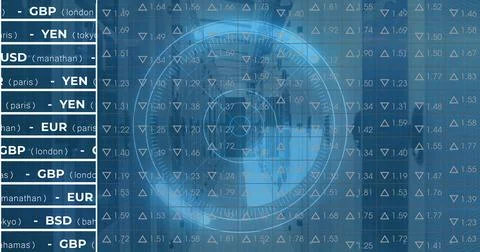 Image of digital data processing and digital interface and grid over blue Stockillustratie