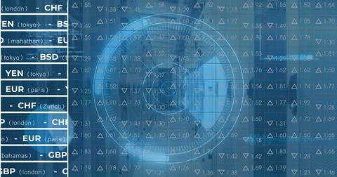 Image of digital data processing and digital interface and grid over blue Illustrazione stock