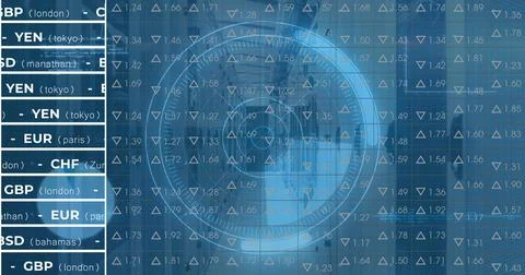 Image of digital data processing and digital interface and grid over blue イラスト素材