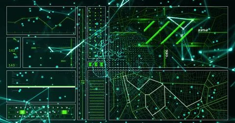 Image of digital data processing and network of connections over black Stockillustratie