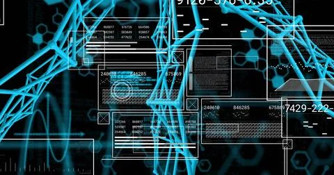 Image of digital data processing and network of connections over black Stock Illustration