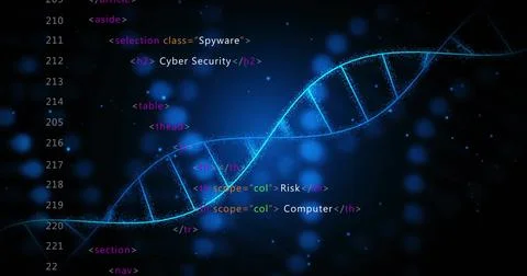Image of digital data processing and dna strands on black background Stock Illustration