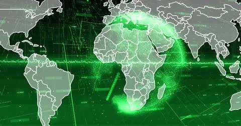 Image of digital data processing and globe over world map on green background Stock Illustration