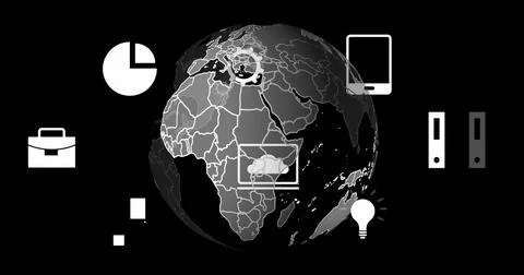 Image of digital data processing and globe over black background 스톡 일러스트