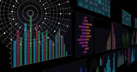 Image of digital data processing and globe over black background Illustrazione stock
