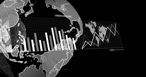 Image of digital data processing and globe over black background 스톡 일러스트