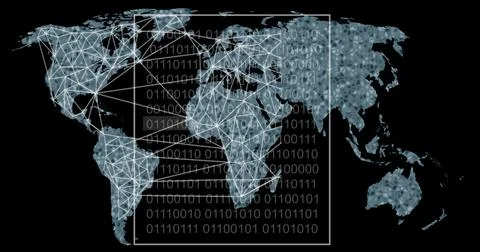 Image of digital data processing and world map over dark background Stock Illustration