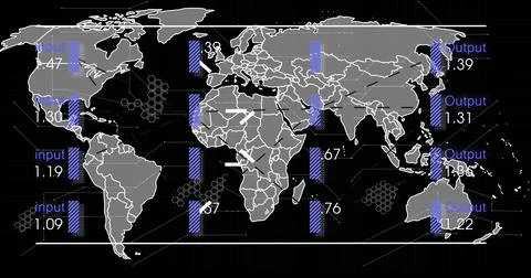 Image of digital data processing and world map over black background Illustrazione stock