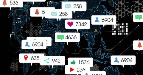 Image of digital data processing and world map over black background Stockillustratie
