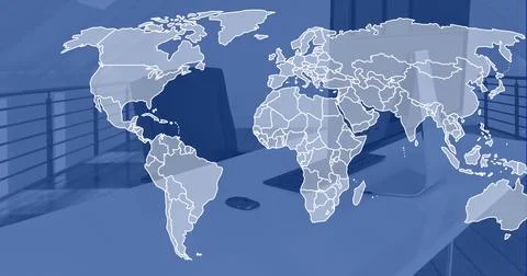 Image of digital data processing and world map over desk in office Stock Illustration