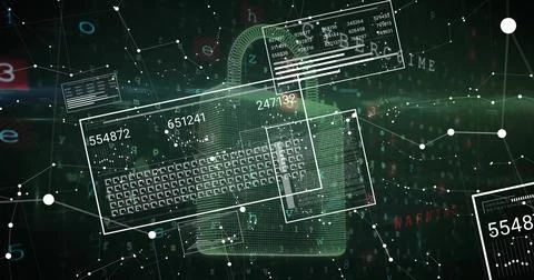 Image of digital data processing and padlock on dark background イラスト素材