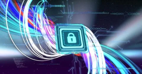 Image of digital data processing and padlock on dark background Stock Illustration